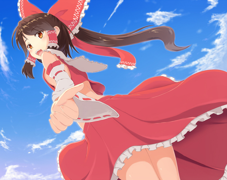 Reimu - sky, girl, video game, blue sky, hakurei reimu, touhou, miko, game, cloud, hand, dress