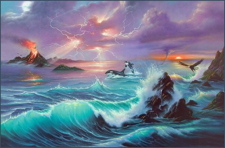 Jim Warren * Beauty of the Fury - dolphins, art, sky, jim warren, storm, wave, oceans, sea, nature, painting