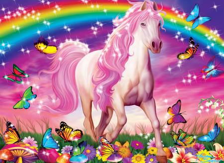 beautiful - butterfly, flowers, rainbow, horse