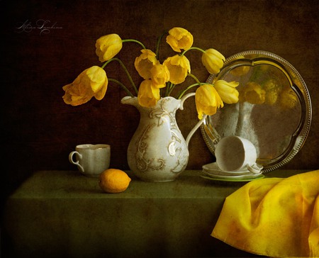 still life - pretty, elegantly, yellow, photo, reflection, flowers, old, fruit, nice, delicate, beautiful, photography, beauty, kettle, lovely, cool, still life, flower, tulip, bouquet, harmony, tulips, glasses, lemon