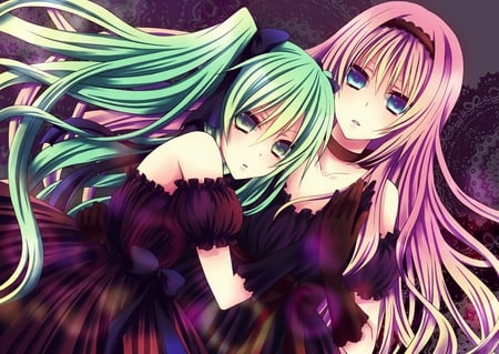 Hatsune Miku & Megurine Luka - hot, music, anime girl, white, art, cool, aqua eyes, artistic, hatsune miku, sexy, song, vocaloids, program, vocaloid, beautiful, pink, diva, dress, nice, beauty, twintail, singer, aqua hair, black, virtual, pretty, megurine luka, idol, anime, miku, cute, girl, pink hair, cg, hatsune, digital, awesome