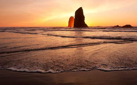 Ocean Sunrise - clouds, water, yellow, beautiful, rock, tranquil, ocean, orange, sand, nature, serenity, nice, peaceful, sun, sky, sean