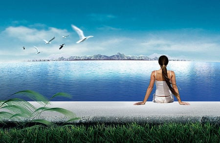 Lovely view - woman, sitting, back, ocean, mountain, lovely, flying, view, blue, clouds, grass, birds