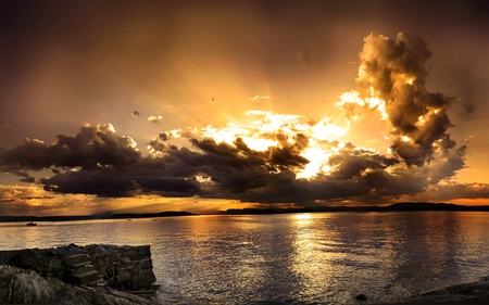 HIDDEN SUNSET - water, skyline, sea, beauty, ocean, sunset, views, view, mountains, sky, rocks