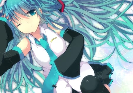 Hatsune Miku - tie, pretty, artistic, uniform, nice, program, thighhighs, beauty, cg, white, gray, cute, aqua eyes, song, outfit, vocaloid, anime, twintail, virutal, hatsune miku, music, aqua, closed eyes, art, idol, anime girl, laying, skirt, beautiful, singer, girl, cool, black, miku, awesome, diva, digital, aqua hair, hatsune, vocaloids