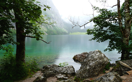 Mountain lake - lake, mountain, trees, water, summer, foggy, nature, white, forest, beautiful, fog, green, rock, misty