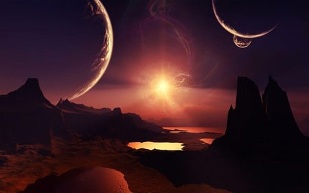 Miraculous sunset - summer, canyon, beautiful, hot, sun, unearthly, lake, miracle, alien, moon, star, sunset, miraculous