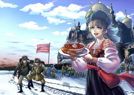 Welcoming back a National Hero - beauty, gun, sky, anime girl, bautiful, food, cute, russia, winter, long hair, original, green eyes, snow, army, weapon, uniform, gray hair