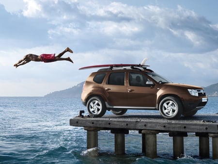 car and sky - cloud, dive, cute, beauty, bridge, blue, jump, sky, car, sea, wheel