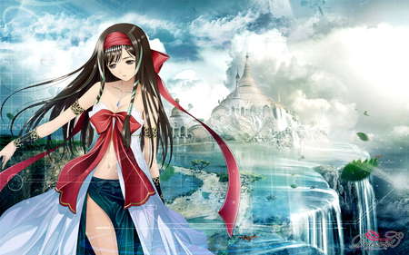 Cystal Method - cute, beautiful, hot, anime girl, kaguya, city, ribbons, taka tony, shining hearts, pretty, water, beauty, brown hair, long hair, sexy, stunning, bows