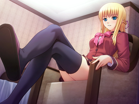 The Queen of Sexy - anna, sexy, school, hair, eyes, kanojo to kanojo to watashi no nanabi, cool, game, blue, anime, uniform, amishiro, blonde