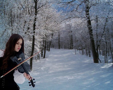 Violinist - winter, woman, brunette, song, violinist