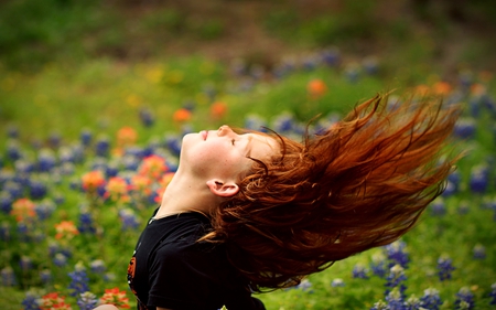 SPRING FEELING - girl, field, flying hair, spring, feel