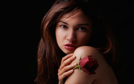 beautiful-female-with-rose - face, lady, people, female, red, rose, model, flower