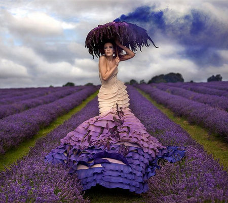 Lavender - beauty, lady, people, girl, female, photography, sensual, field, relaxing, alone, pretty, umbrella, flower, dress, lavender