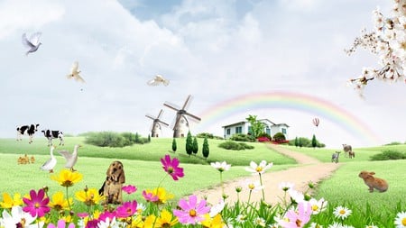 Serenity Farm - rabbit, trees, dog, windmills, firefox persona, doves, flowers, sheep, rainbow, balloons, field, ducks, country, farm, sky