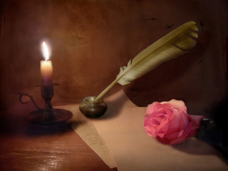 With Love - beauty, roses, photography, candles, pink rose, rose, still life, with love, pretty, feather, romance, pink roses, candle, light, for you, pen, lovely, nature, letter, romantic, beautiful, pink, paper, flowers, colors