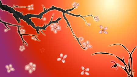 Oriental Sky - sky, cherry, sunset, plants, sakura, blossoms, red, orange, tree, sunrise, firefox persona