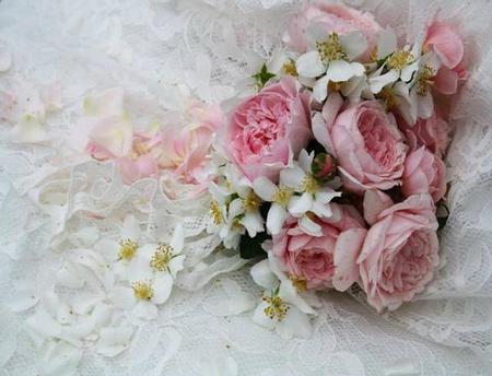 Love Bouquet - pretty, roses, lace, pink, bouquet, flowers, femanine, white, philadelphus