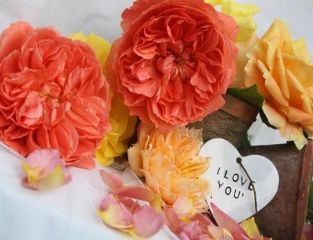 Say it with Flowers - vibrant, roses, heart, peach, tag, yellow, romantic, pink, message, orange