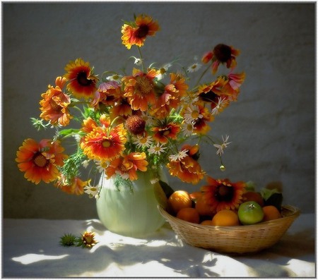 Warm Glow - orange, flowers, basket, daisies, fruit, vase