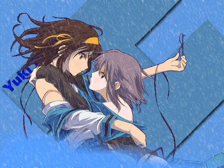 the melancholy of haruhi and yuki - nagato, yuki, glasses, haruhi, h, snow, melancholy, suzumiya