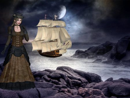 Sailboat - fantasy, moon, girl, abstract, woman, sailboat