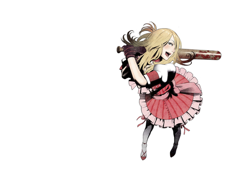 Anime - white, blonde hair, blue eyes, long hair, baseball bat, blood, dress