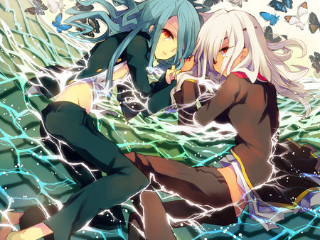 Original - bikin, red eyes, long hair, water, gray hair, green hair, 2girls