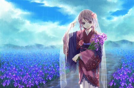 flower path - beauty, sky, girl, rain, original, path, vail, walkway, clouds, anime, flowers, kimono