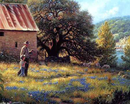 Mark Keathley - house, boy, painting, grass, mark keathley, man, art, child