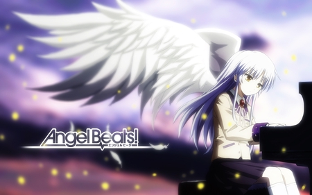 Kanade Tachibana - school uniform, piano, wings, angel, angel beats, long hair, kanade tachibana