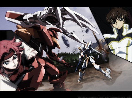 Code Geass - animated, cool picture, protector vs destroyer, anime girl, code geass, anime boy, code geass r2, worrior anime, good vs evil, kallen, anime, robots fighting