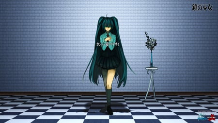 Hatsune Miku - tie, pretty, artistic, uniform, guitar, door, nice, program, hot, thighhighs, beauty, virtual, cg, white, cute, aqua eyes, song, outfit, sexy, vocaloid, anime, blue, twintail, hatsune miku, microphone, checkered, music, aqua, art, idol, anime girl, skirt, beautiful, singer, girl, cool, black, miku, awesome, diva, digital, aqua hair, hatsune, vocaloids