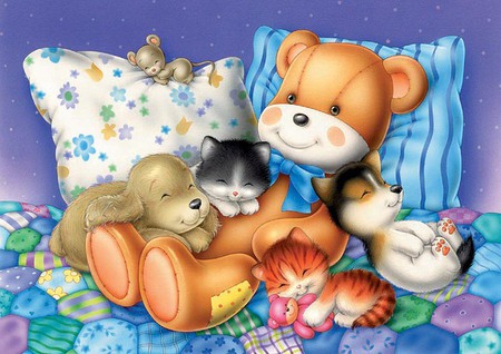 Sweet sleepers - bear, bed, sleep, kitten, pillow, cute, cat