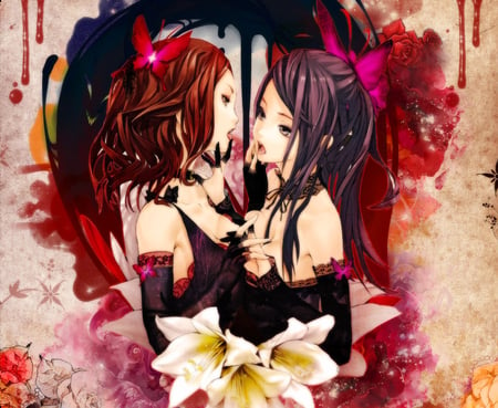 Kiss Me - anime girls, vector, sexy, hot, female, blood, rose, kiss me, butterfly, kiss, cool, two girls, pretty, sweet, flowers