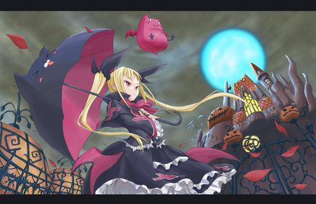 Blazblue - moon, beauty, sexy, hot, twintails, anime girl, black, blonde hair, umbrella, beautiful, blazblue, cute, dress