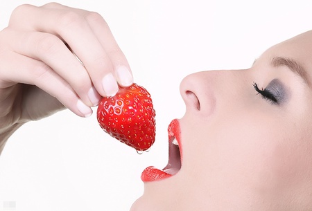 Strawberry - woman, strawberry, lady, lips, lipstik, makeup, fruit, face, white, abstract, red