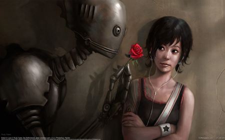 Robot In Love - romantic, girl, rudy faber, love, robot, cg, fantasy, hd, rose, art, proposal