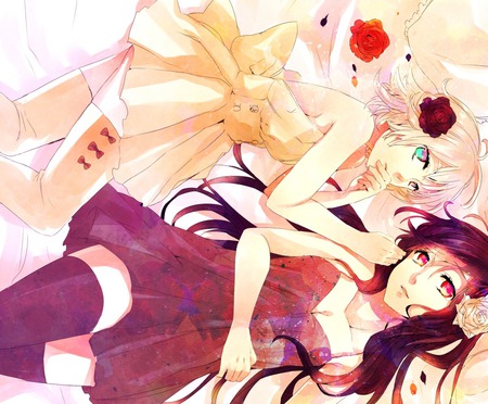 Original - bed, blue eyes, long hair, black hair, 2girls, red eyes, blonde hair, flowers, dress