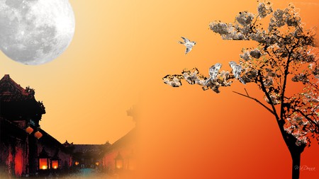 Full Moon Rising - sky, sunset, home, sakura, full moon, house, tree, oriental, firefox persona, birds