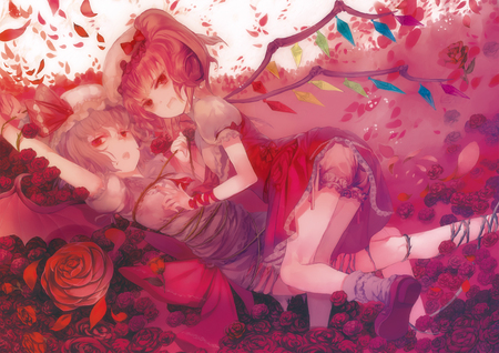 Touhou - short hair, flowers, dress, purple hair, red eyes, red hair, flandre scarlet, hat, remilia scarlet, 2girls, bed