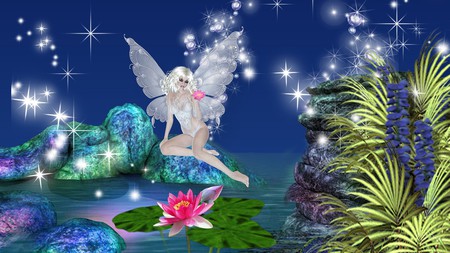 Islands Fairy - lilies, beautiful, water lilies, stars, firefox persona, glow, lily pond, ferns, wings, fairy, sky