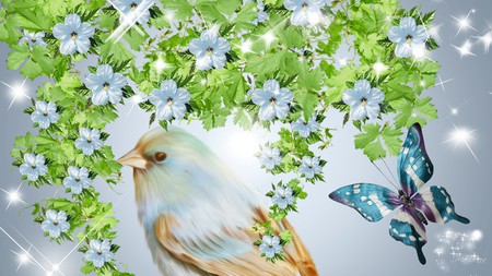 Blue is Blue - butterfly, stars, flowering tree, flowers, firefox persona, bird, sparkle