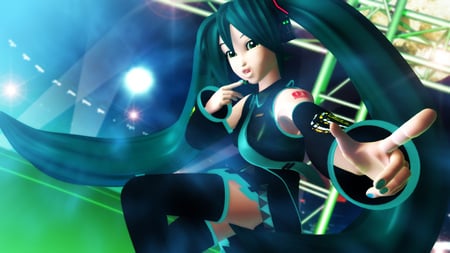 Hatsune Miku - aqua, stage, headset, thighhighs, music, anime girl, white, art, cool, aqua eyes, artistic, hatsune miku, skirt, song, vocaloids, program, glow, 3d, vocaloid, beautiful, uniform, diva, beauty, nice, twintail, singer, aqua hair, black, virtual, pretty, idol, green, anime, miku, cute, girl, cg, hd, hatsune, microphone, headphones, tie, awesome, digital, gray, outfit, lights