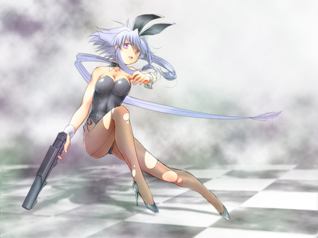 killer bunny - gun, girl, bunny, mist, tights, pretty, killer, anime, bunny ears, high heels