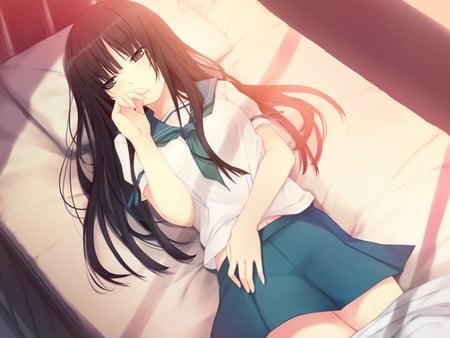 Original - tears, bed, long hair, uniform, blush, black hair