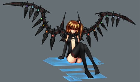 wings - wings, smirk, black, light brown hair, anime, girl, steps