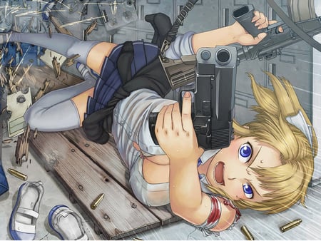 angry gunner - bra, blood, blonde, usp, pistol, ammo, dive, m4a1, blue eyes