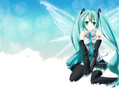 Hatsune Miku - tie, pretty, artistic, angel, uniform, headphones, nice, program, thighhighs, beauty, virtual, cg, white, gray, wings, cute, aqua eyes, feathers, song, outfit, vocaloid, anime, blue, twintail, hatsune miku, microphone, music, aqua, transparent, stockings, art, sky, idol, clouds, anime girl, skirt, beautiful, singer, girl, cool, black, miku, awesome, diva, digital, aqua hair, hatsune, vocaloids, headset